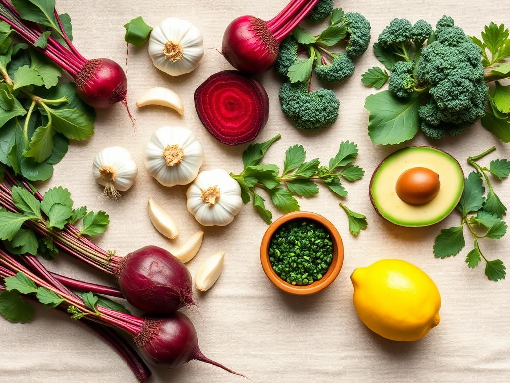 Heart-healthy whole foods including beets, garlic, broccoli, avocado, and lemon