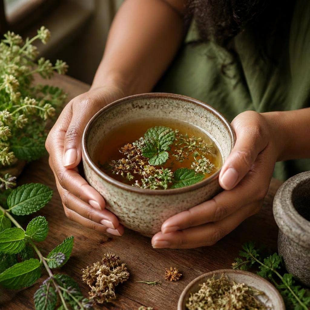 Hands cradling a bowl of herbal tea with fresh herbs