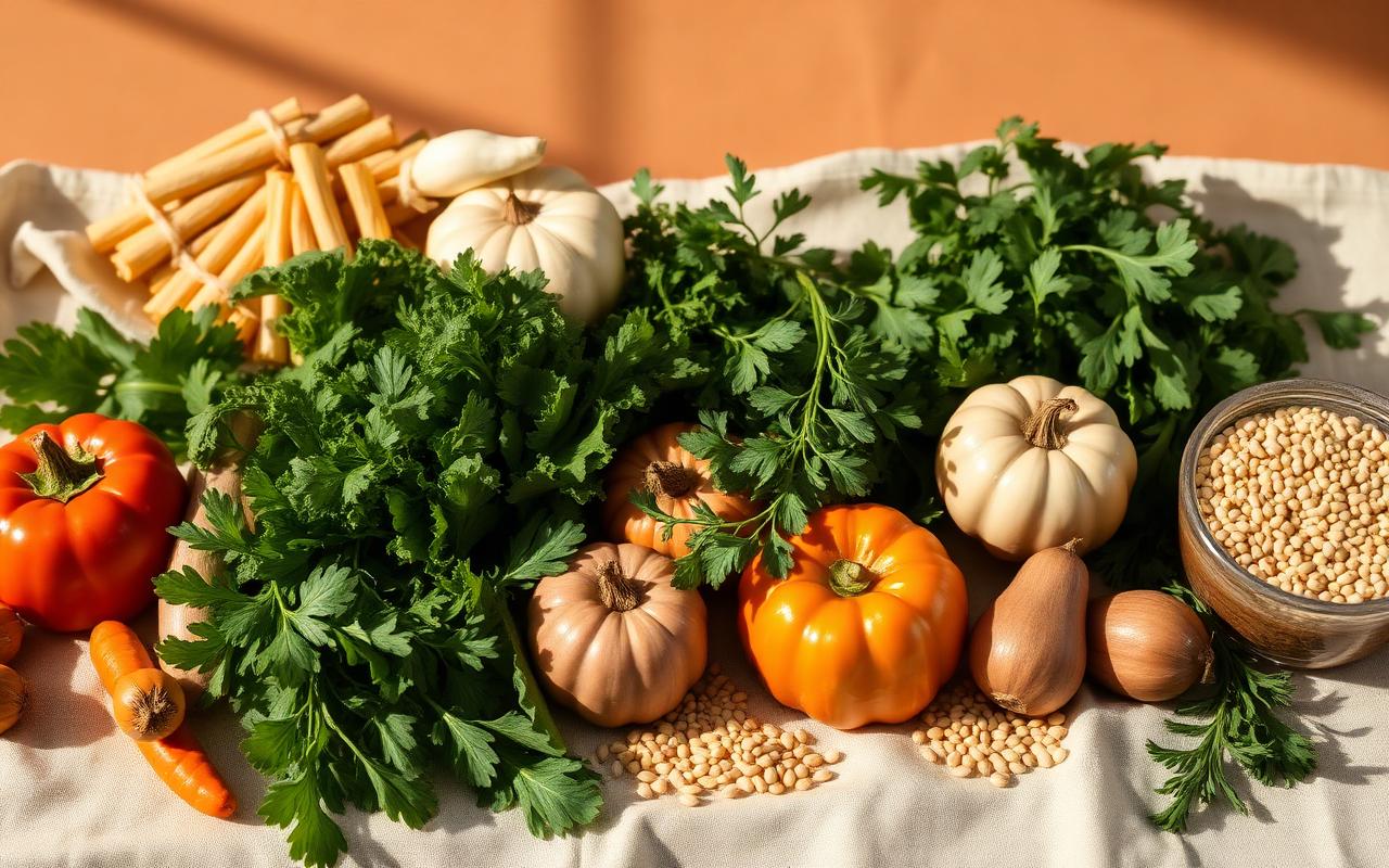 Organic vegetables, herbs and whole grains arranged on linen